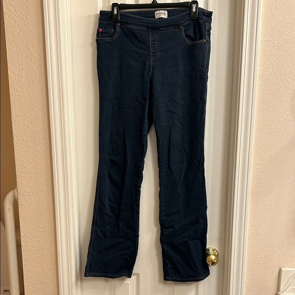 Pajama Jeans Navy Flare Jeans Medium Tall inseam 30.5 inches.
